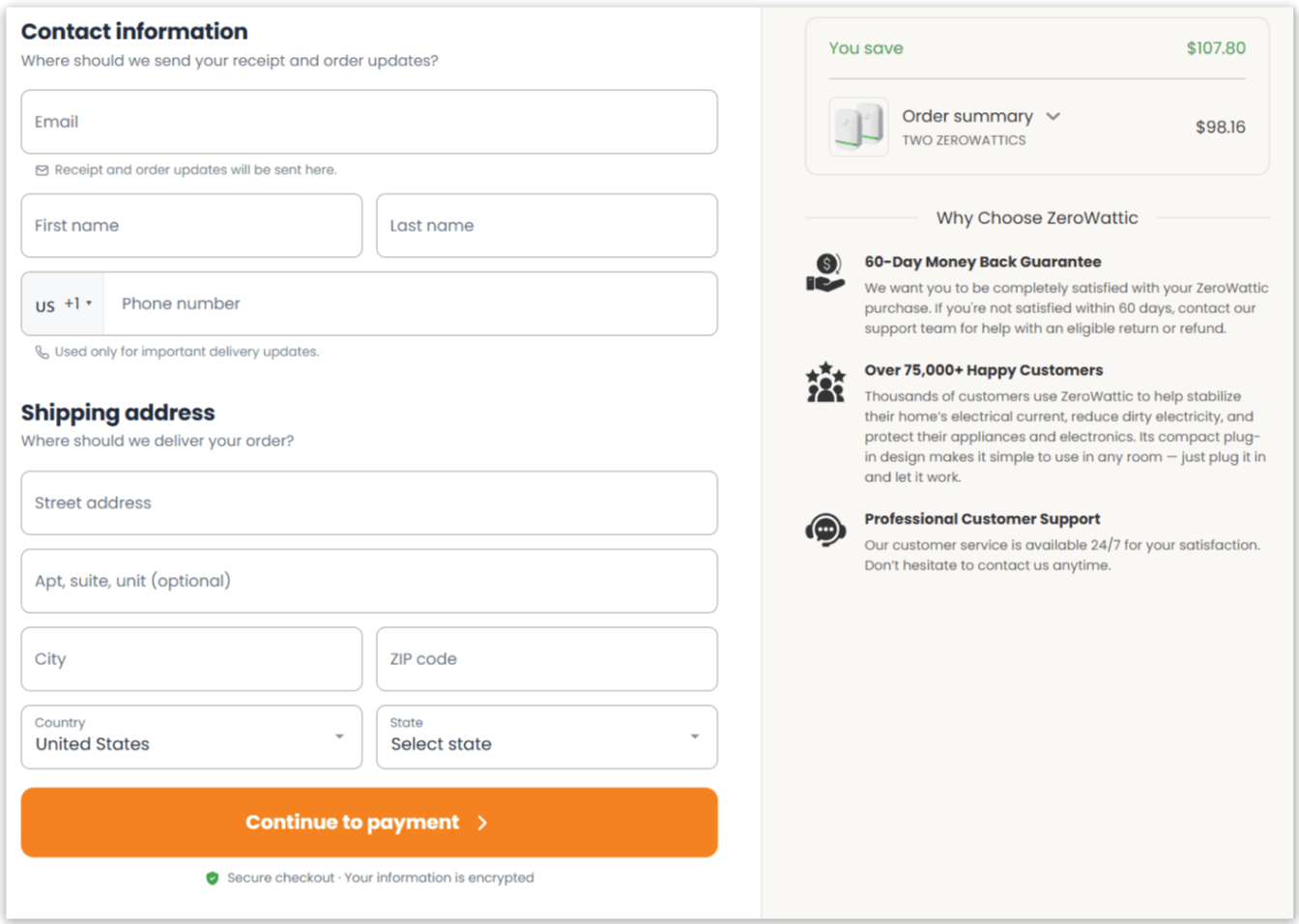 ZeroWattic secure checkout page